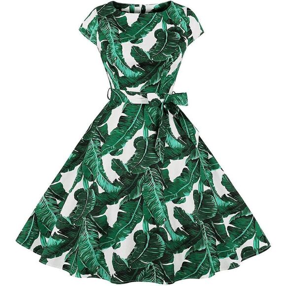 🌴 Pinup Retro 1950s Swing Rockabilly Green Palm Leaves Print Dress SIZE L NEW - Picture 1 of 14